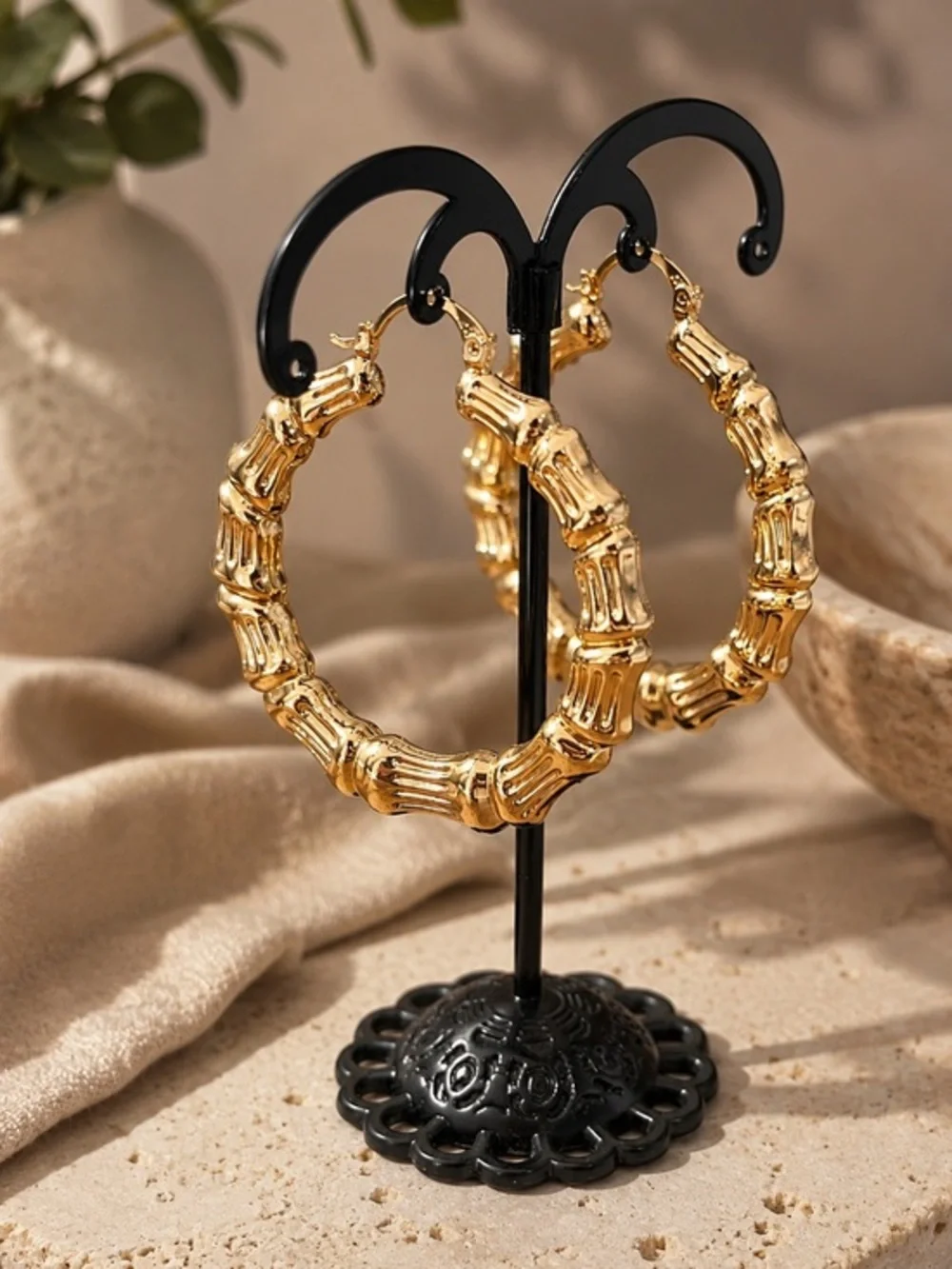 Gold Filled Bamboo Hoop Earrings Hinged Click Closure Retro 1.75